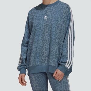 Adidas Blue Leopard-Print Crewneck Sweatshirt - Size Small (oversized)
